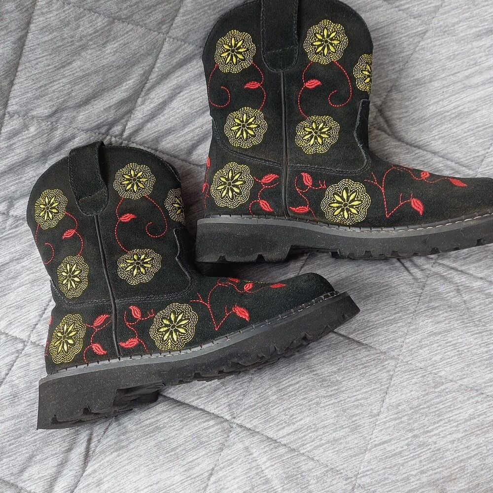 Roper Chunky Black Suede Boots w/Floral Embroidery Cowgirl Y2K Stagecoach - Picture 7 of 7